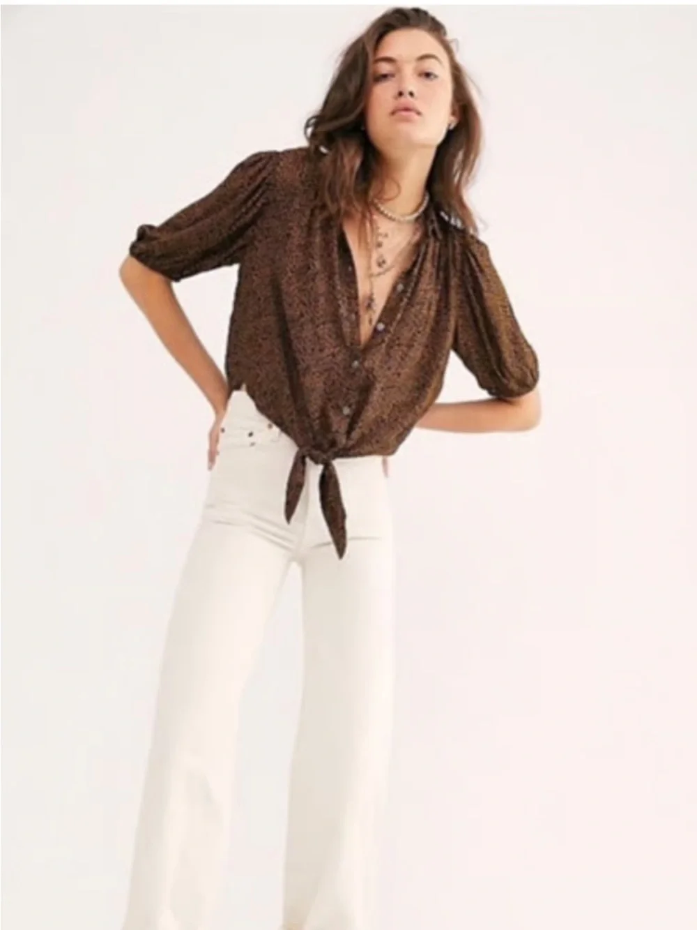 Free People Celia Tie-Front Blouse leopard print